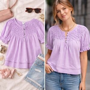 Sundance Lodi Smocked Cotton Blouse Lavender Puff Sleeve Boho Top S